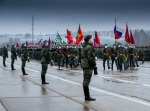 Совместная тренировка пеших парадных расчётов и механизированной колонны к военному параду.