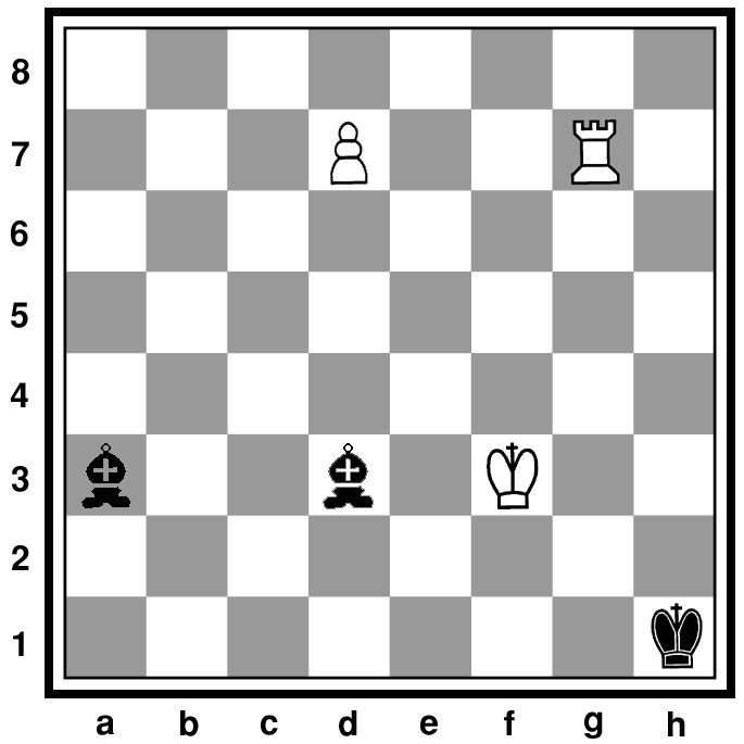 Задание № 10т Мат в 4 хода Белые: Крf3, Лg7, п. d7 (3) Чёрные: Крh1, Ca3, Cd3 (3)