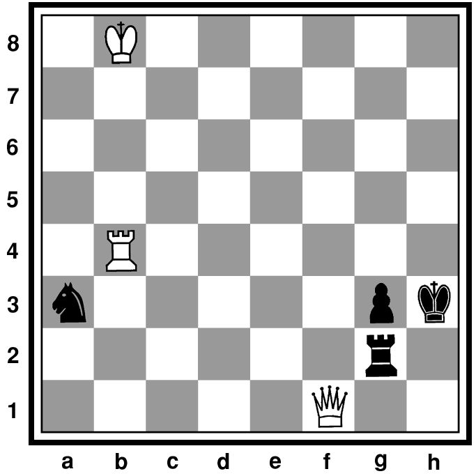 Задание № 12т Мат в 4 хода Белые: Крb8, Фf1, Лb4 (3) Чёрные: Крh3, Лg2, Ka3, п. g3 (4)