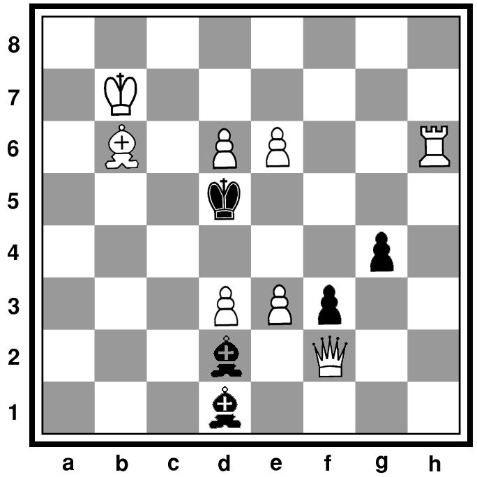 Задание № 6 Мат в 3 хода Белые: Крb7, Фf2, Лh6, Cb6, пп. d3, d6, e3, e6 (8). Чёрные: Крd5, Cd1, Cd2, пп. f3, g4 (5).
