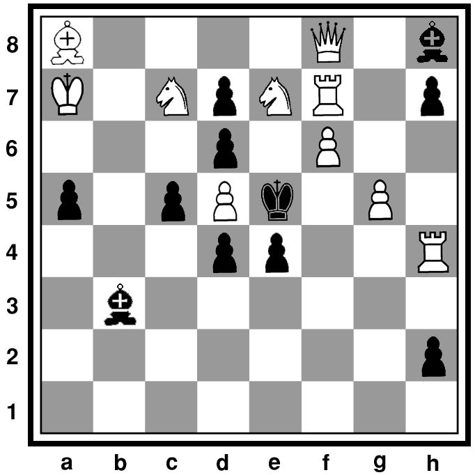 Задание № 7 Мат в 3 хода Белые: Кра7, Фf8, Лf7, Лh4, Ca8, Kc7, Ke7, пп. d5, f6, g5 (10). Чёрные: Кре5, Сb3, Ch8, пп. а5, с5, d4, d6, d7, e4, h2, h7 (11).