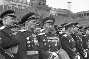 О.И. Городовиков на трибуне во время первомайского парада на Красной площади. Москва, 1 мая 1946 года.