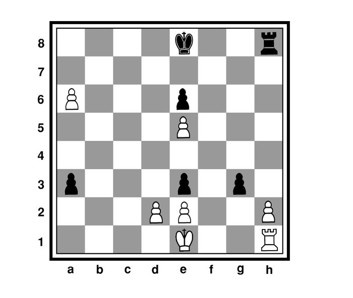 Задание № 17 Ничья Белые: Кре1, Лh1, пп. а6, d2, e2, e5, h2 (7) Чёрные: Кре8, Лh8, пп. а3, е3, е6, g3 (6)