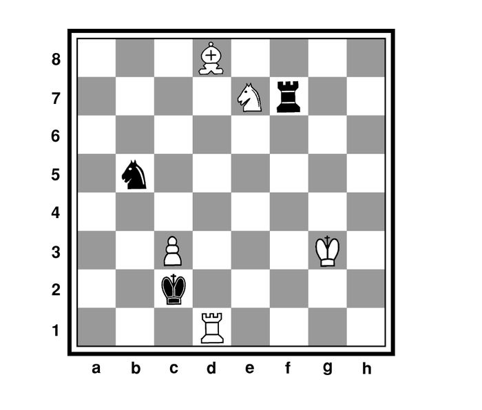 Задание № 18 Выигрыш Белые: Крg3, Лd1, Cd8, Ke7, п. с3 (5) Чёрные: Крс2, Лf7, Kb5 (3)