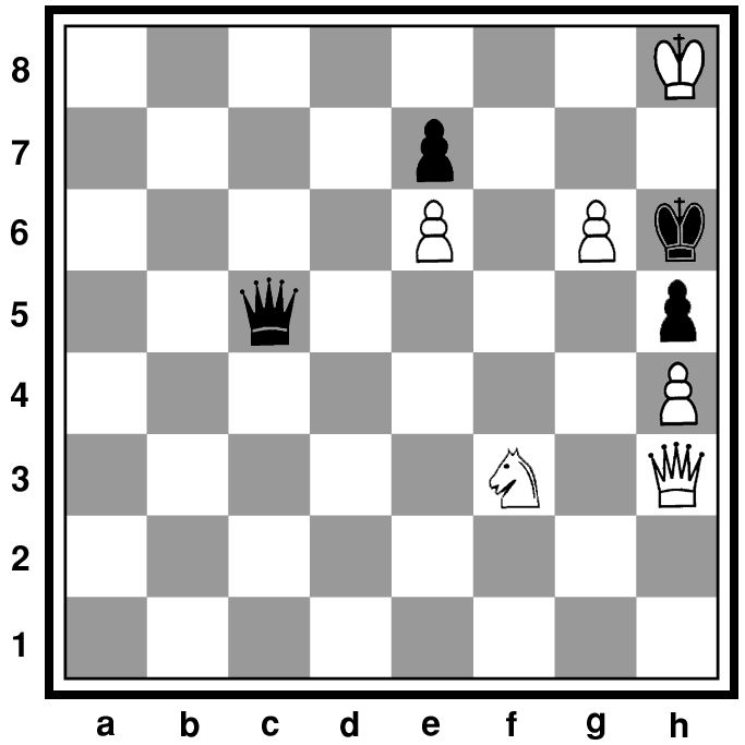 Белые начинают и выигрывают Белые: Kh8, Qh3, Nf3, п.п. e6, g6, h4 Чёрные: Kh6, Qc5, п.п. e7, h5