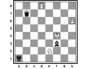 Белые начинают и делают ничью Белые: Kf4, Rd8, Ne2, п. h6 Чёрные: Ka1, Qb7, Bf3