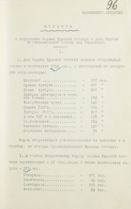 Справка 6-го Управления НКГБ СССР о подготовке охраны Красной площади в день парада в ознаменование Победы над Германией.  Не позднее 23 июня 1945 года, Москва.